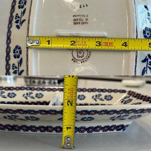 Manufaktura Boleslawcu Chip Dip Polish Pottery Divided Dish Floral Blue Red - Picture 8 of 8